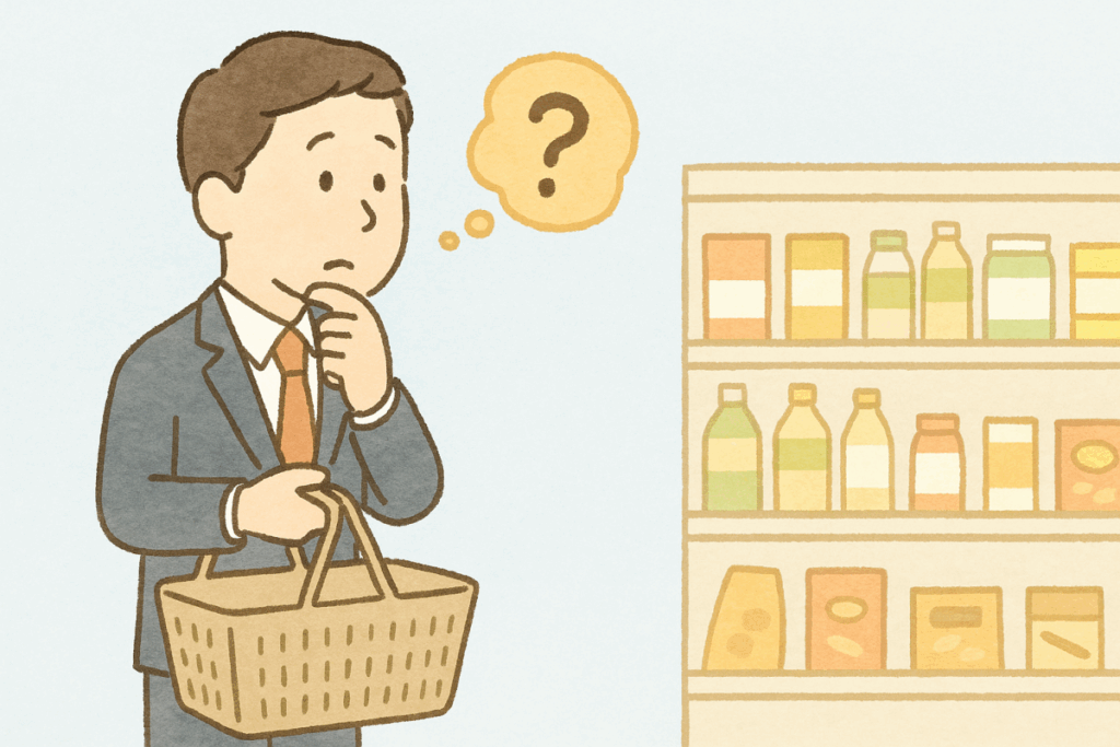 買い物で迷う様子のサラリーマンの画像