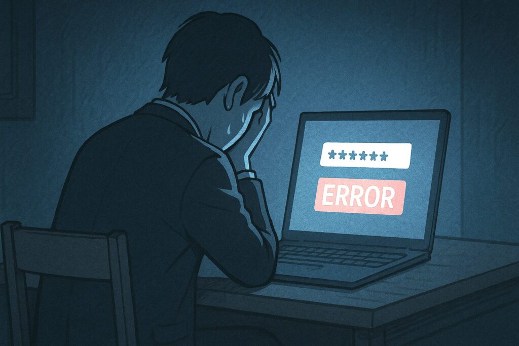 パスワードがわからず絶望するサラリーマンの背中の画像