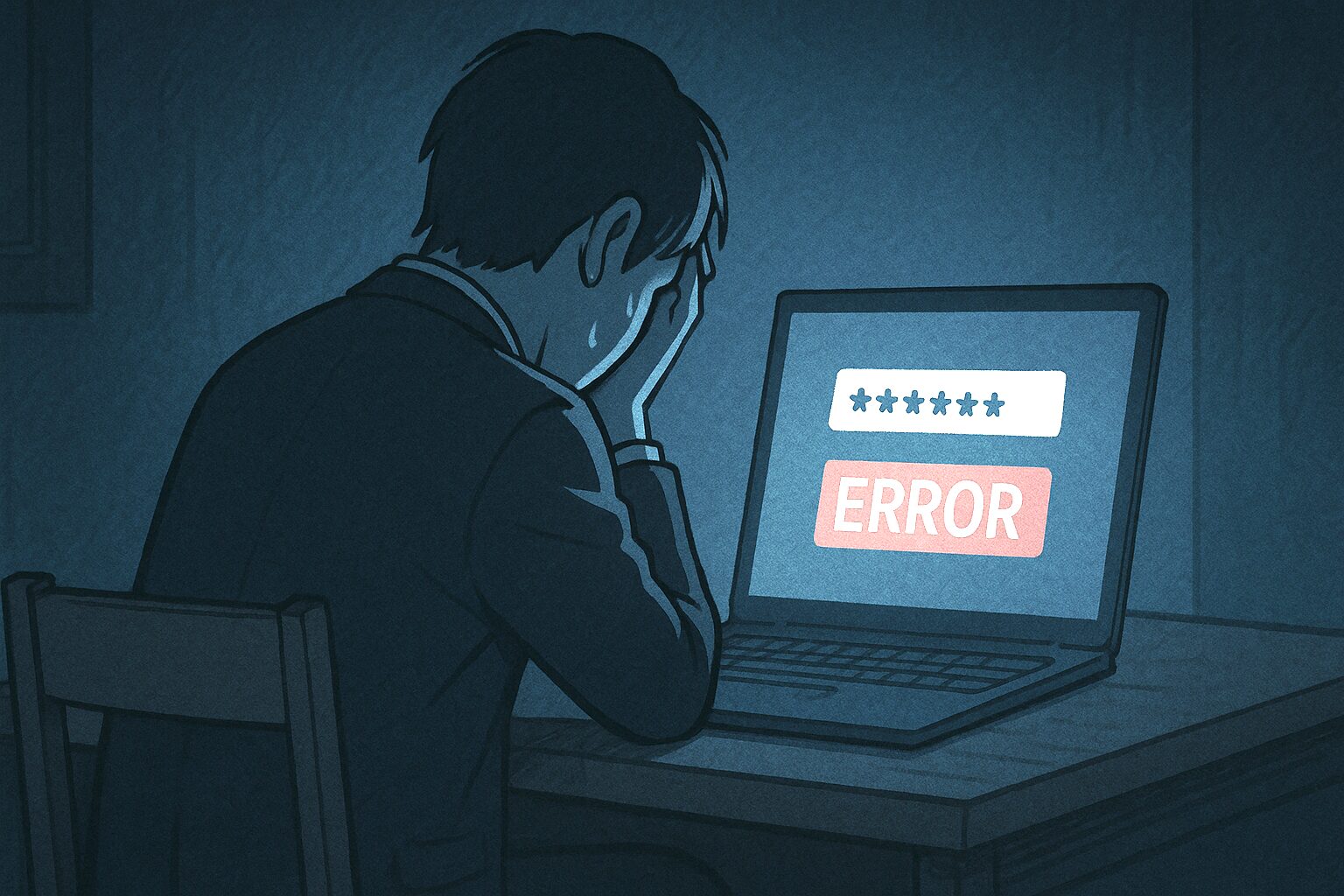 パスワードがわからず絶望するサラリーマンの背中の画像